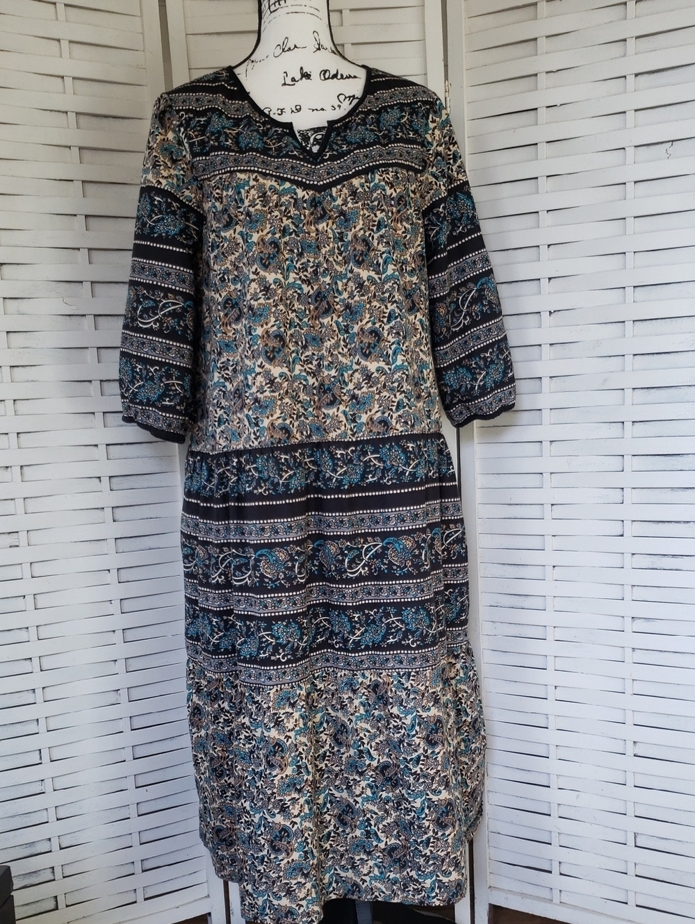 La Cera Black  Printed Blue Floral Midi Tunic Dress Size L
